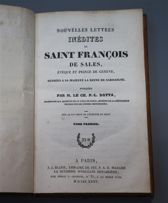 Datta, P.L. - Nouvelles Lettres Inedites de Saint Francois de Sales, 2 vols, 8vo, burred calf, J.J. Blaise, Paris 1835